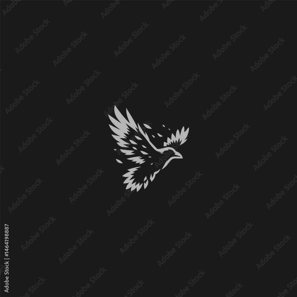 Obraz premium Flying crow logo with fragmented feather silhouette style.