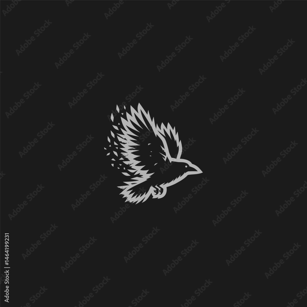 Naklejka premium Flying crow logo with fragmented feather silhouette style.