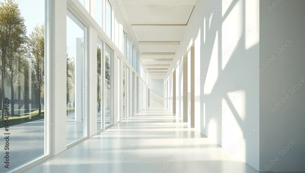 Sunlit Modern Gallery Corridor White Walls Glass Windows Tranquil Space