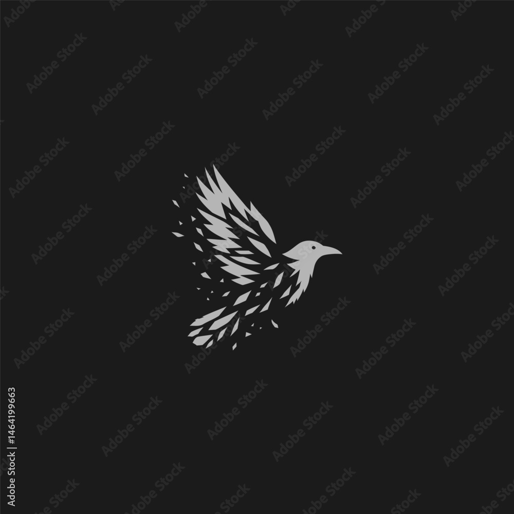 Obraz premium Flying crow logo with fragmented feather silhouette style.
