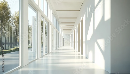 Obraz na płótnie Sunlit Modern Gallery Corridor White Walls Glass Windows Tranquil Space w salonie