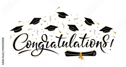 Graduation greeting lettering sign with square academic caps high into the air. Vector design for grad, congratulation ceremony, invitation card, banner. Grads symbol for university, high school