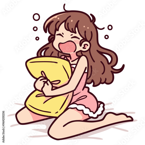 Cute emotional teen girl in pajamas sitting on the bed crying while hugging a pillow, sad woman cry and scream suffering from breakup, doodle cartoon character, kawaii isolated vector illustration