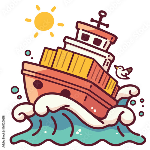 Heavy cargo container ship in the sea, international marine shipping freight carrier, doodle isolated cute clean and simple cartoon vector illustration