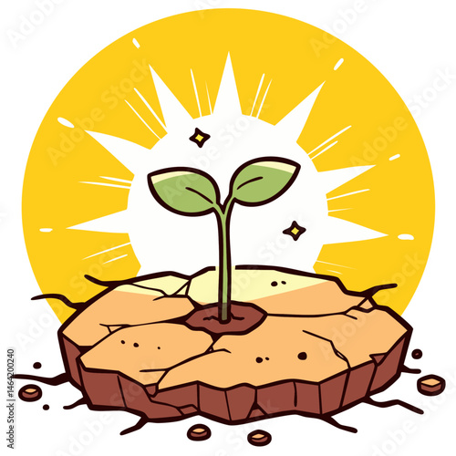 Green sprout seedling grow through a dry cracked earth toward a sun, drought resistant crops, doodle isolated cute clean and simple cartoon vector illustration