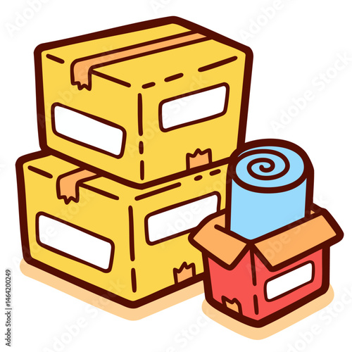Packed stack of cardboard moving boxes, house relocation transportation services, shipping packages with personal belongings, doodle isolated cute clean and simple cartoon vector illustration