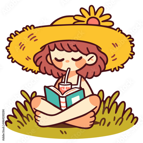 Cute girl sitting barefoot on grass meadow outdoors in straw hat, reading book and drinking cocktail juice, summer nature picnic relax in park, doodle cartoon character, isolated vector illustration