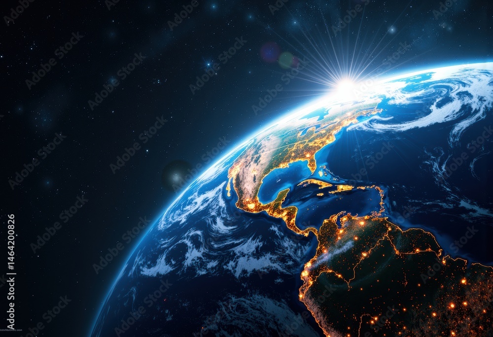 Naklejka premium Bright sunrise over Earth seen from space highlighting the Americas and glowing city lights