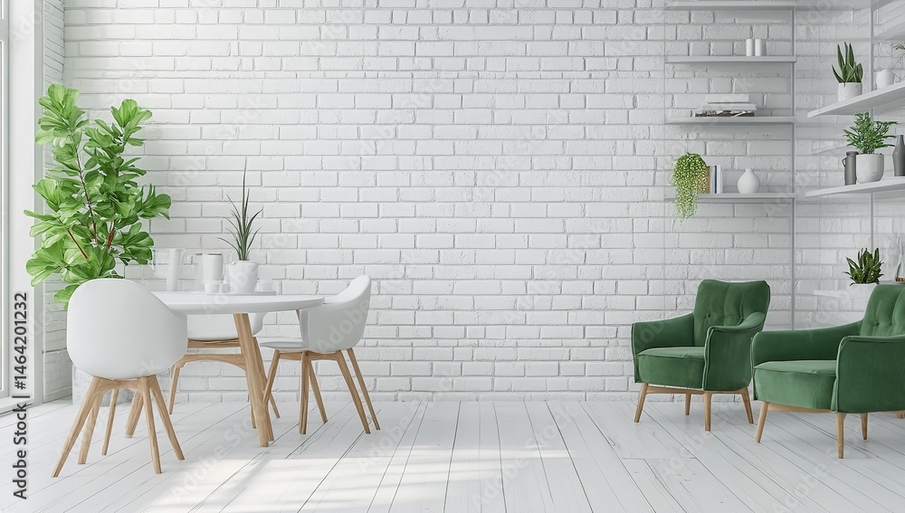 Modern White Green Room Design Stylish Chairs Table Plants White Brick Wall