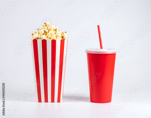 Popcorn and drink in red striped containers on white background for movie snack concept