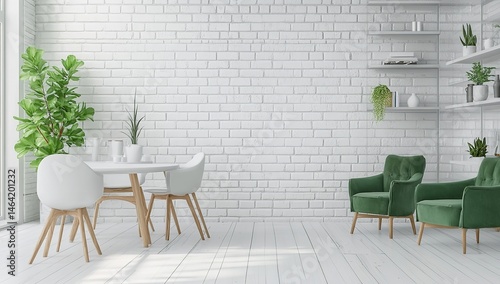 Obraz na płótnie Modern White Green Room Design Stylish Chairs Table Plants White Brick Wall w salonie