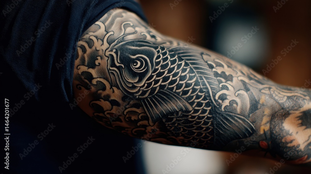 Close-up view of a koi fish tattoo on an arm. Close-up view of a koi fish tattoo on an arm.