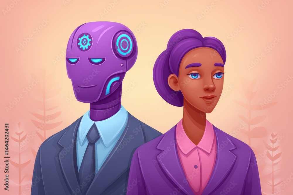 Fototapeta premium A confident female professional standing alongside a humanoid robot in elegant suits presenting a fusion of technology and human intellect showcasing the future of collaboration in a vibrant