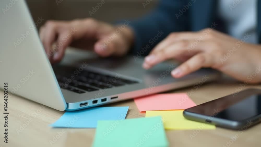 Close-Up: Typing Hands with Sticky Notes and Smartphone Close-Up: Typing Hands with Sticky Notes and Smartphone
