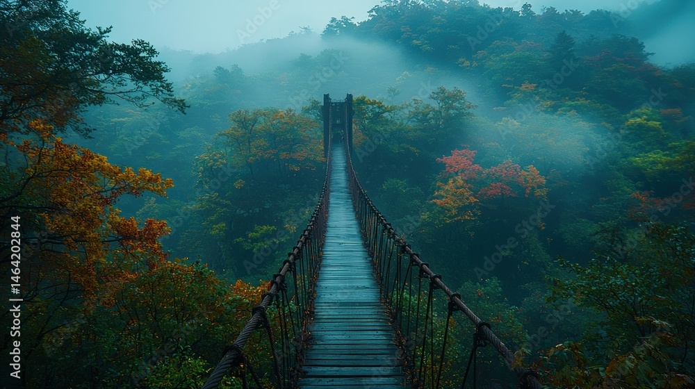 Obraz premium Misty bridge crossing foliage