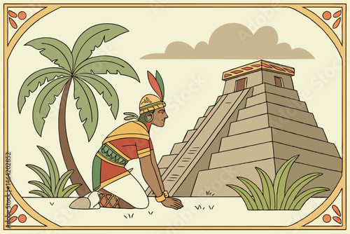 14 Ancient Mayan ruler, ornate headdress, golden jewelry, colorful traditional clothing, stone pyramid base, tropical palm trees, kneeling figure, vibrant plants, decorative border, historical illustr