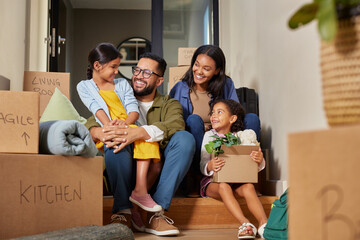 Happy hispanic family relax in new house after relocation