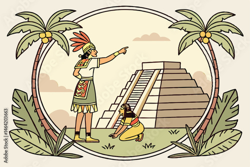 14 Ancient Mayan ruler, ornate headdress, golden jewelry, colorful traditional clothing, stone pyramid base, tropical palm trees, kneeling figure, vibrant plants, decorative border, historical illustr