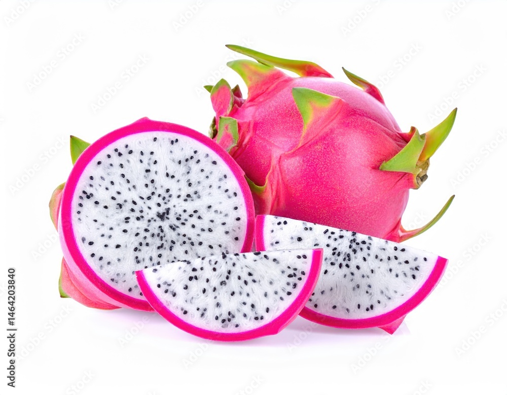 Dragon Fruit's Vibrant Allure: A close-up shot of an exotic dragon fruit, a captivating blend of vivid pink and refreshing white, offering a glimpse into its unique textures and flavors. Dragon Fruit's Vibrant Allure: A close-up shot of an exotic dragon fruit, a captivating blend of vivid pink and refreshing white, offering a glimpse into its unique textures and flavors.