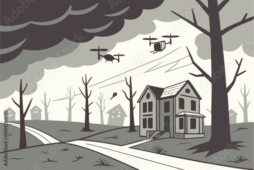 15 Dystopian suburban landscape, delivery drones carrying packages, ominous stormy sky, barren trees, abandoned houses, eerie atmosphere, muted colors, digital illustration style, post-apocalyptic sce