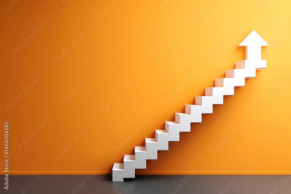 Fototapeta premium White Staircase Ascending an Orange Wall Symbolizing Growth Success Progress Achievement