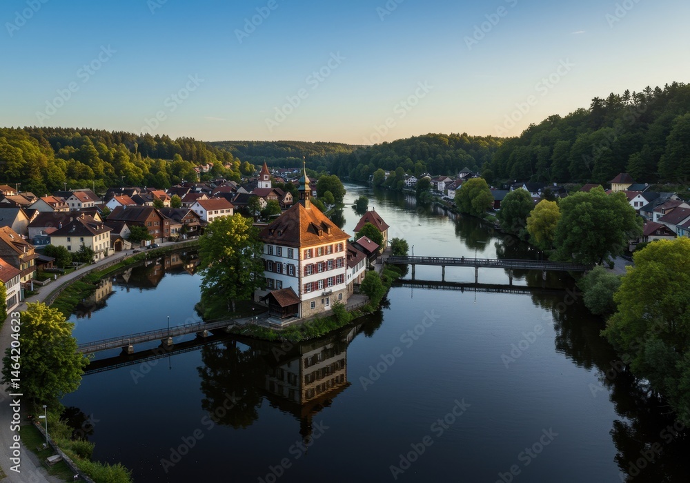 Obraz premium Aerial view of historic house on a small river island surrounded by European town and forest.