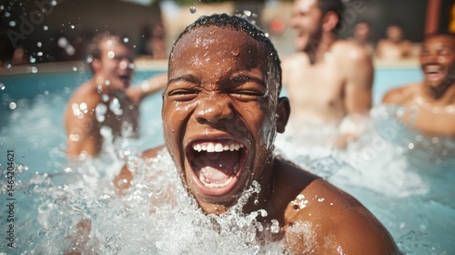 A joyful boy with an infectious smile splashes water in a lively pool, surrounded by laughter and excitement from friends, capturing the essence of summer fun and childhood joy.