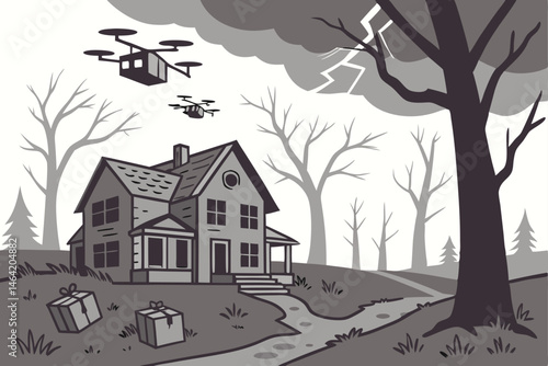 15 Dystopian suburban landscape, delivery drones carrying packages, ominous stormy sky, barren trees, abandoned houses, eerie atmosphere, muted colors, digital illustration style, post-apocalyptic sce