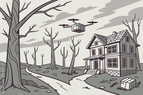 15 Dystopian suburban landscape, delivery drones carrying packages, ominous stormy sky, barren trees, abandoned houses, eerie atmosphere, muted colors, digital illustration style, post-apocalyptic sce