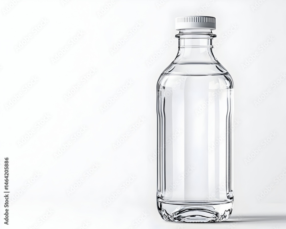 Clear plastic bottle with a white cap, slightly curved, standing on a white background Clear plastic bottle with a white cap, slightly curved, standing on a white background