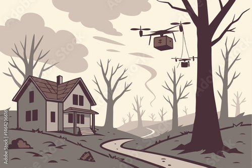 15 Dystopian suburban landscape, delivery drones carrying packages, ominous stormy sky, barren trees, abandoned houses, eerie atmosphere, muted colors, digital illustration style, post-apocalyptic sce