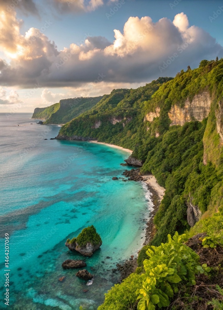 Fototapeta premium Tropical Island Coastline with Lush Cliffs and Azure Ocean.