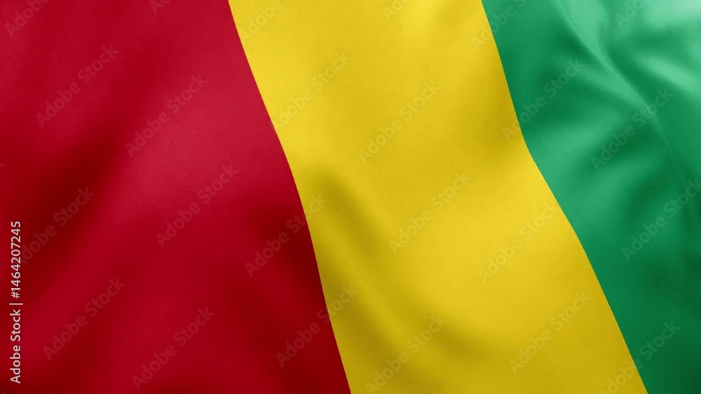 Close up realistic animation of the national flag of Guinea waving gently. Features red, yellow, green vertical stripes. Seamless loop for national pride, Africa Close up realistic animation of the national flag of Guinea waving gently. Features red, yellow, green vertical stripes. Seamless loop for national pride, Africa
