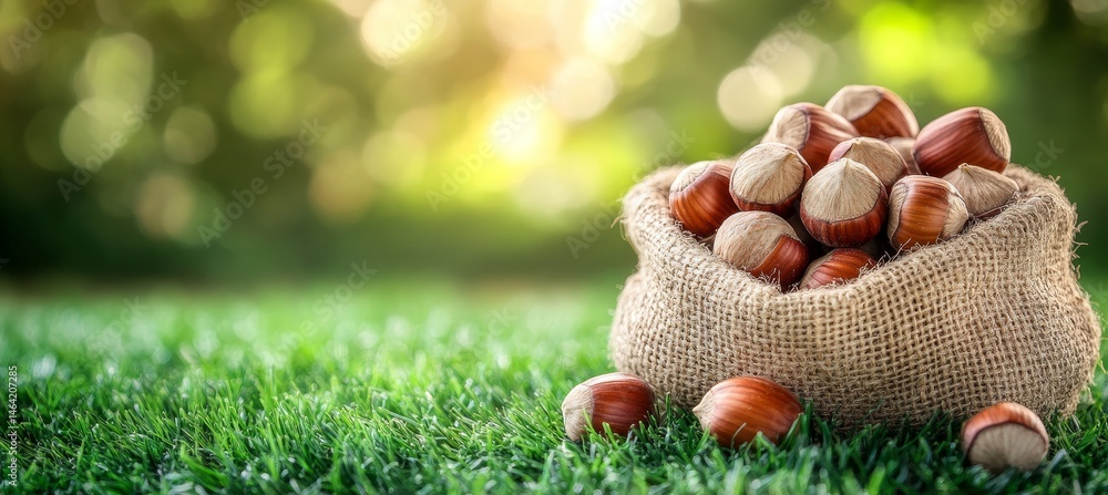 Burlap Sack Overflowing with Fresh Hazelnuts, Harvest Time in Lush Green Field with Copy Space Burlap Sack Overflowing with Fresh Hazelnuts, Harvest Time in Lush Green Field with Copy Space