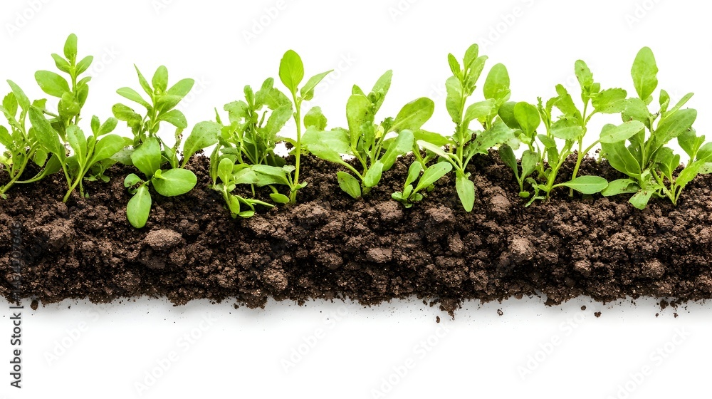 Lush green seedlings sprouting from dark soil, isolated on white Lush green seedlings sprouting from dark soil, isolated on white