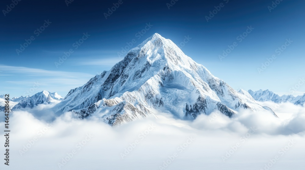 This breathtaking image showcases a towering snow-capped mountain peak piercing through a blanket of clouds, symbolizing strength, tranquility, and the grandeur of nature. This breathtaking image showcases a towering snow-capped mountain peak piercing through a blanket of clouds, symbolizing strength, tranquility, and the grandeur of nature.