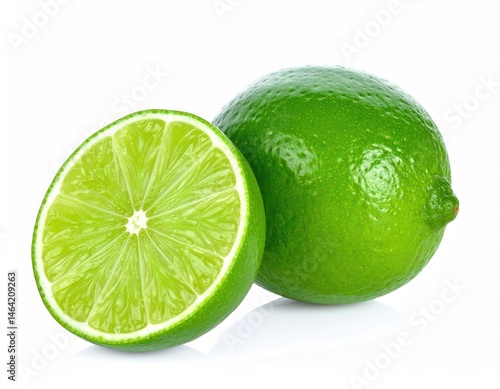 Vibrant Lime Duo: Capturing the vivid freshness of a whole lime alongside a meticulously sliced segment, perfect for culinary artistry or invigorating refreshment.
