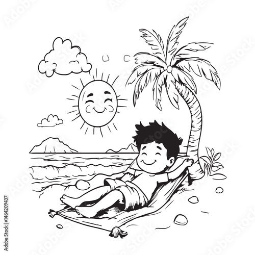 Boy Relaxing in Hammock on Tropical Beach | Fun Hand-Drawn Line Art for Summer Vacation