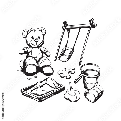 Children’s Playground Toys and Swing Set | Hand-Drawn Black and White Line Art