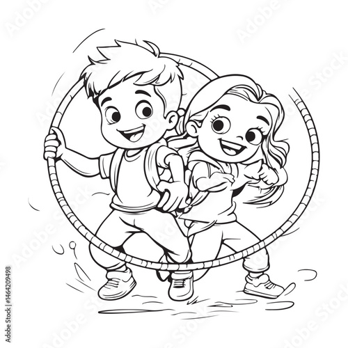 Happy Kids Playing with Hula Hoop | Cartoon Line Art for Coloring Book