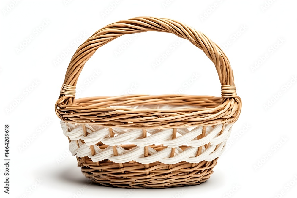 A charming wicker basket with a handle, featuring a unique woven design in natural beige and off-white tones