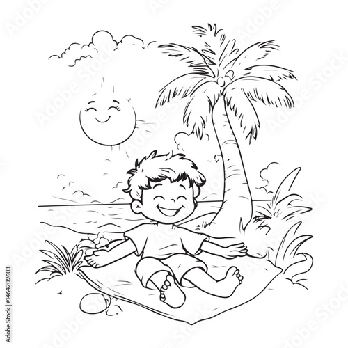 Cute Boy Relaxing on Beach | Hand Drawn Summer Vacation Line Art