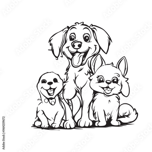 A cute brown cartoon vector illustration shows a happy smiling dog and cat, beloved pets, in a fun animal art design