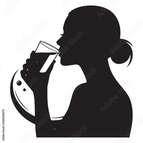 Woman Drink Water Vector, Black silhouettes. with white background