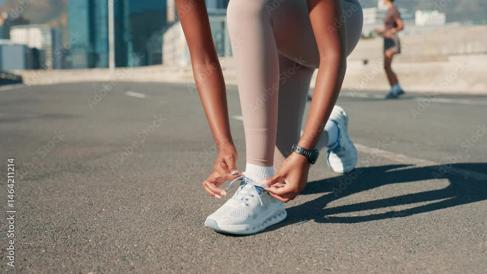 Fitness, woman hands and tie shoes in city for running, exercise and workout challenge. Feet, preparation and runner on road for marathon training, start and sneakers for cardio, practice and go Fitness, woman hands and tie shoes in city for running, exercise and workout challenge. Feet, preparation and runner on road for marathon training, start and sneakers for cardio, practice and go