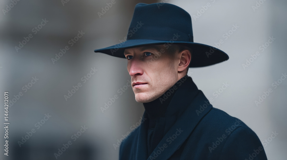 Silent enigma in noir, stoic Caucasian man in felt hat exudes filmic mystery; perfect for Noirvember and Hat Day Silent enigma in noir, stoic Caucasian man in felt hat exudes filmic mystery; perfect for Noirvember and Hat Day