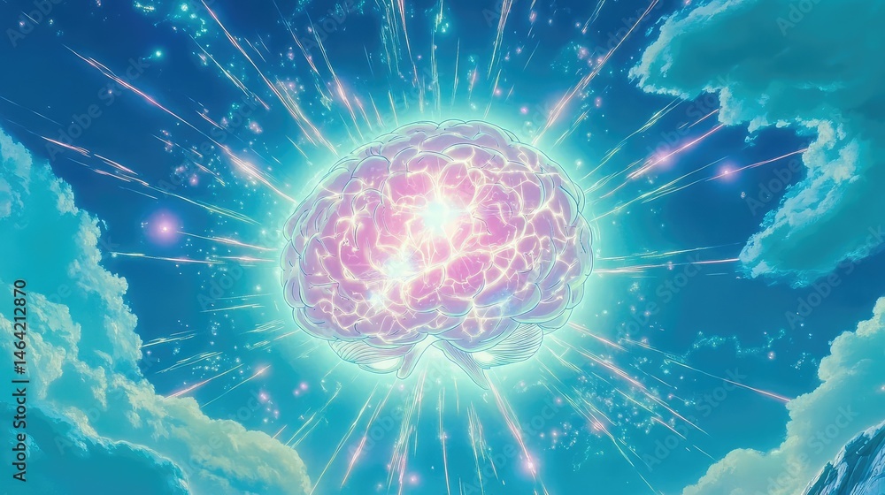 Obraz premium Circular pulses radiating outward from the center of a glowing brain-shaped neural map