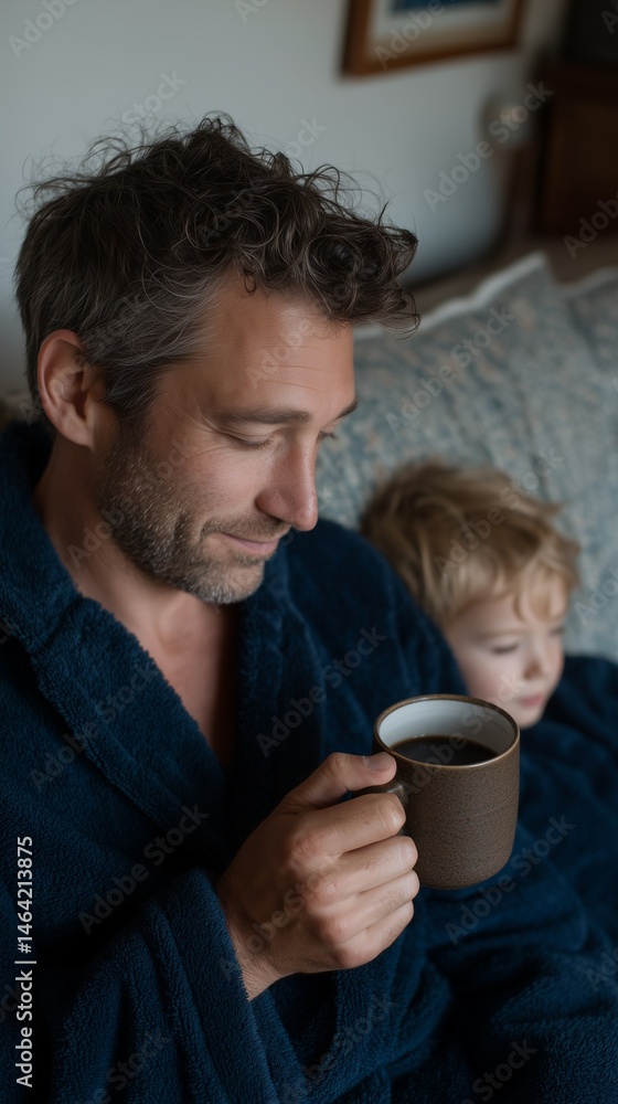 Gentle morning ritual, Caucasian father and child in cozy robes sipping warmth, evocative of Slow Living Sunday Gentle morning ritual, Caucasian father and child in cozy robes sipping warmth, evocative of Slow Living Sunday