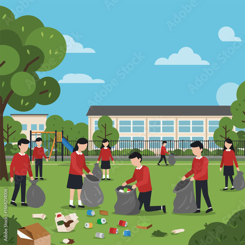 Students Picking Up Litter and Trash in School Yard Illustration