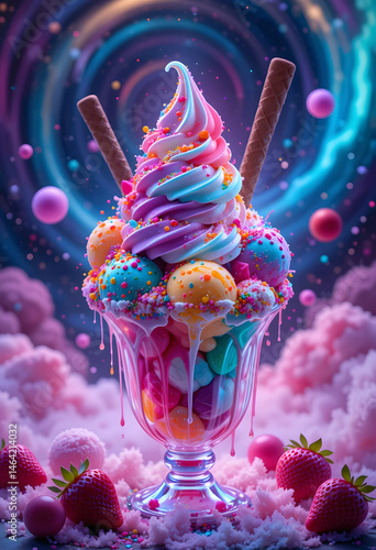 Ice cream, cosmic background, swirling smoke, chocolate strawberries